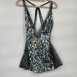 Victoria’s Secret Blue Rainbow Slip Nightgown Lingerie Animal Print Lace